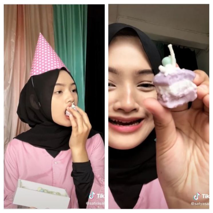 Dikira makan macaroon ternyata lilin (TikTok @satyasalsabila)