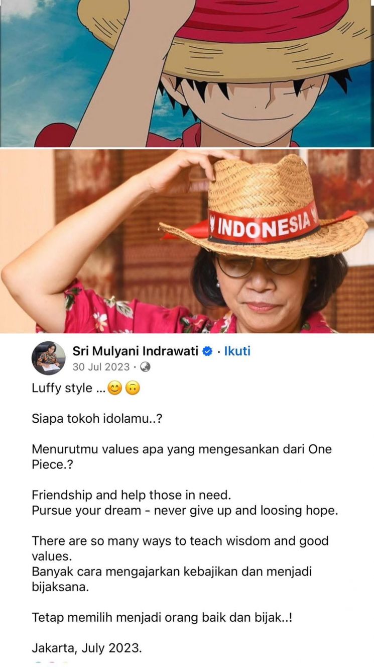 Sri Mulyani cosplay Luffy. (Dok. Tangkapan Layar/X)