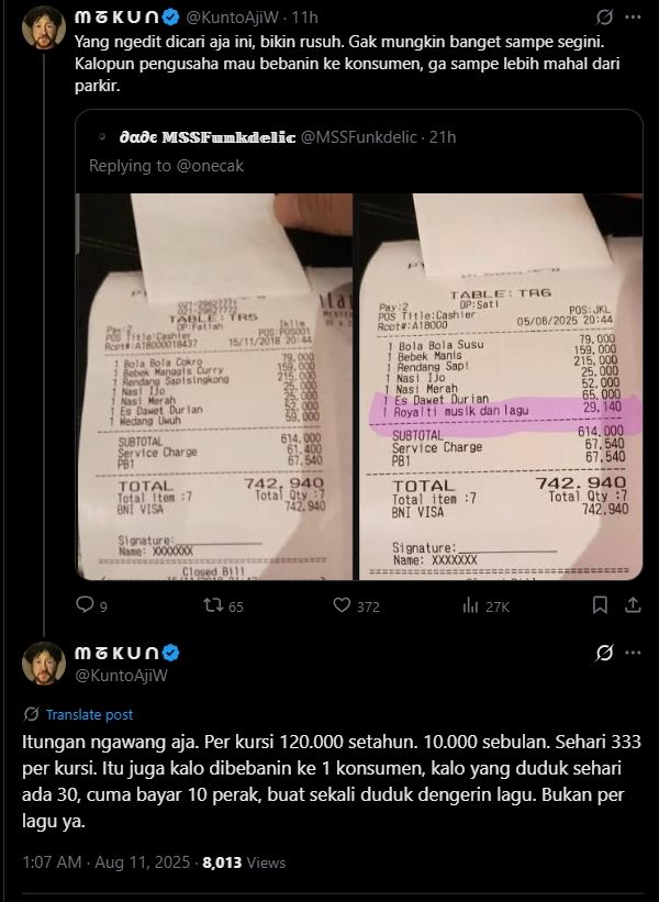 Viral tagihan royalti musik dibebankan konsumen, ternyata cuma gambar editan. (Tangkap Layar/X)